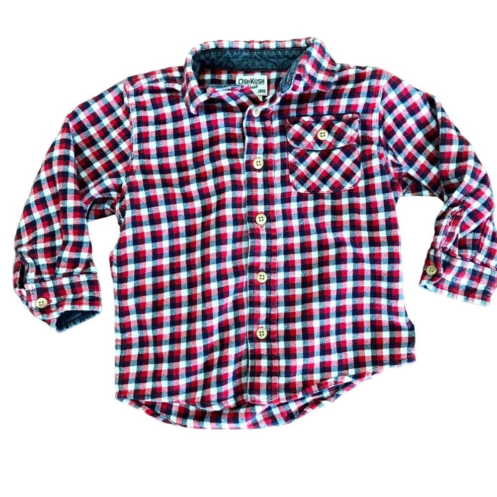 OshKosh B'Gosh Toddler Boy Red Plaid‎ Button-Up Flannel Shirt. Size 3T. Unisex